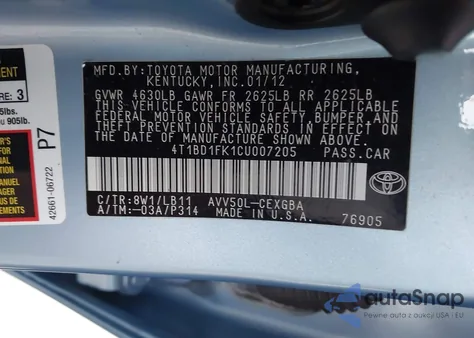 2012 Toyota Camry Hybrid Xle z USA, uszkodzony, nr VIN 4T1BD1FK1CU007205